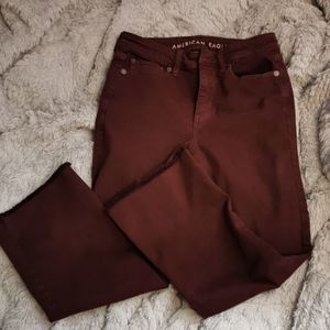 AEO High Rise Cropped Flare Burgundy Pants